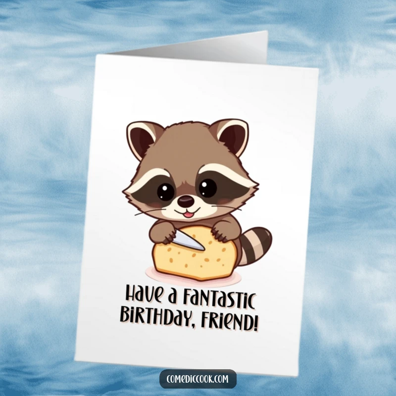 Funny Free Printable Birthday Card: A beaming raccoon carefully slicing a fresh loaf of bread, celebrating a special day.