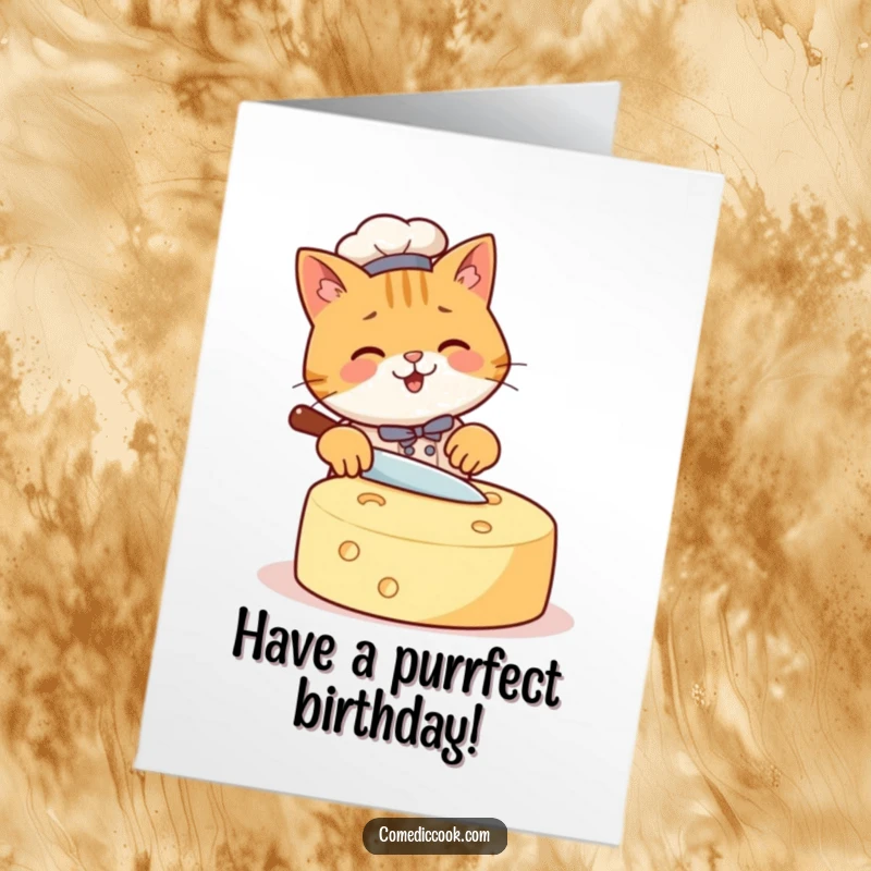 Funny Free Printable Birthday Card: Happy cat chef gleefully slicing a giant cheese wheel, celebrating with cheesy humor.
