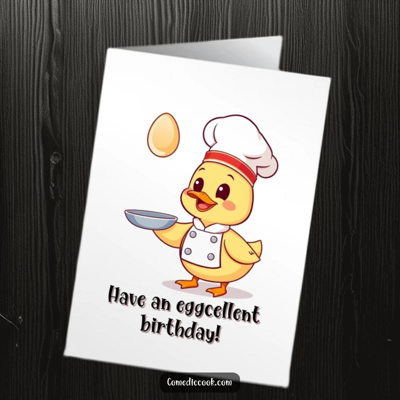 Funny Free Printable Kawaii Duck Chef Birthday Card, gleefully catching an egg mid-air, for a downloadable humorous gift.