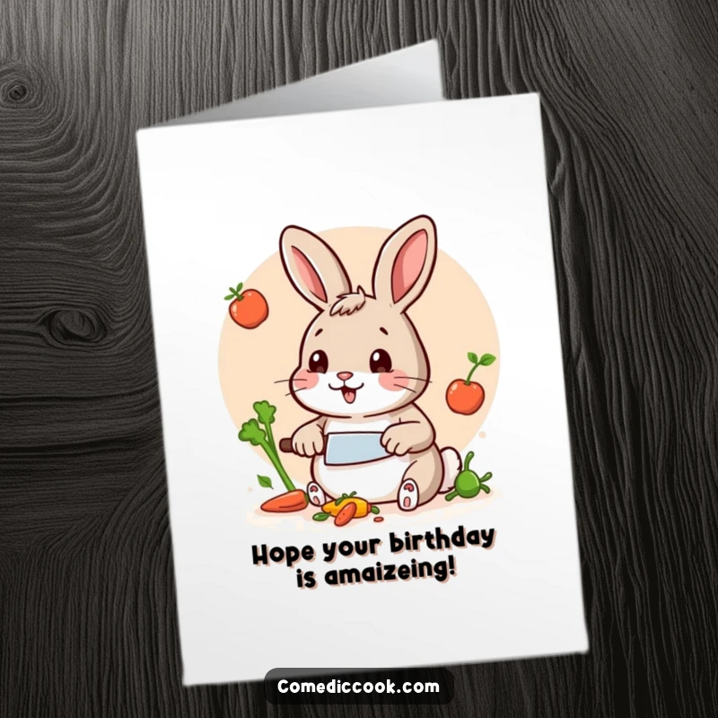 Funny Free Printable Birthday Card: A cheerful rabbit skillfully dices vegetables with a comically small knife, ready for a feast.