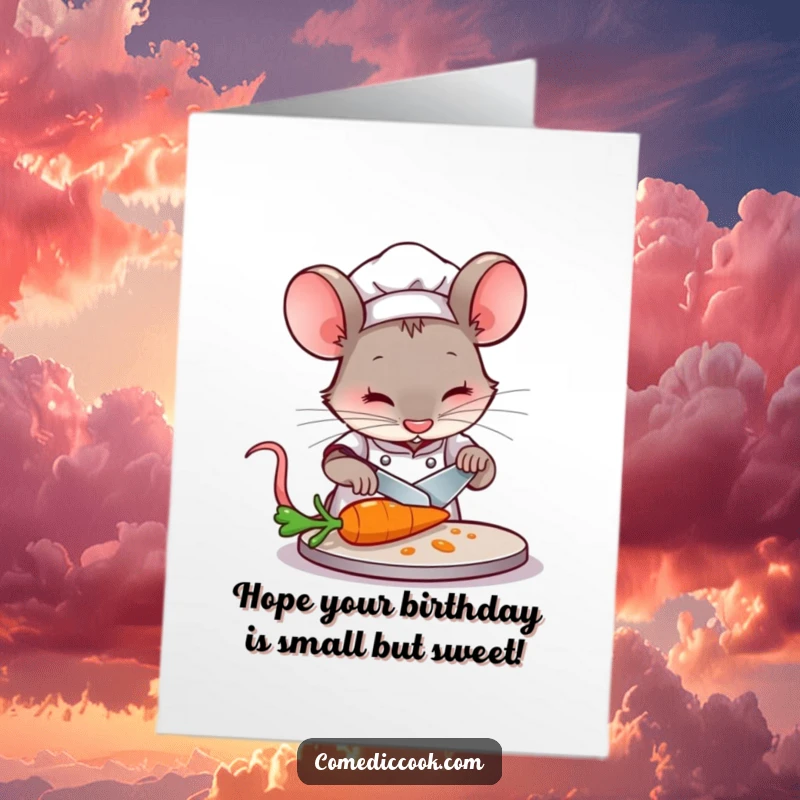 Funny free printable birthday card: A concentrated mouse chef carefully slices a miniature carrot with a tiny knife, ready to celebrate.