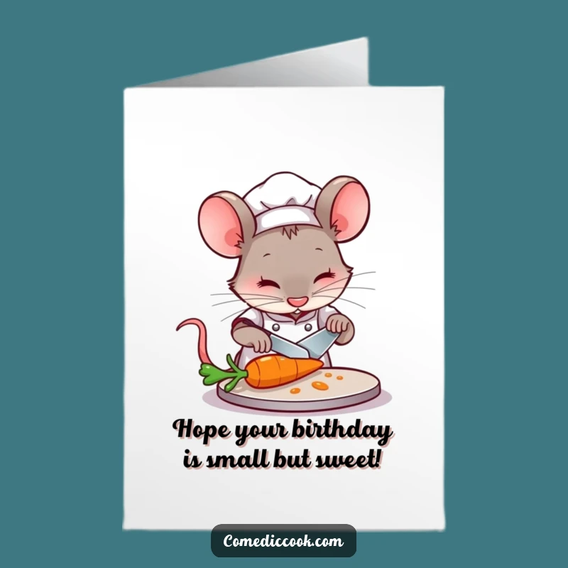 Free Printable Mouse Chef Birthday Card: Tiny Carrot Slicing Funny Downloadable Gift