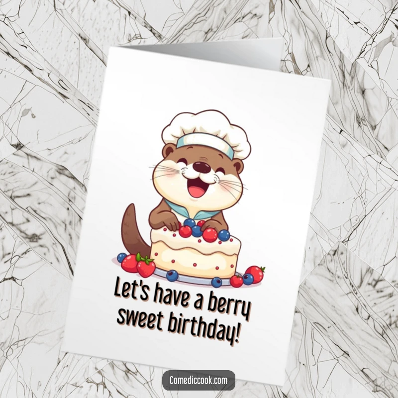 Funny Free Printable Birthday Card: Smiling otter chef happily decorating a birthday cake with cheerful berries.