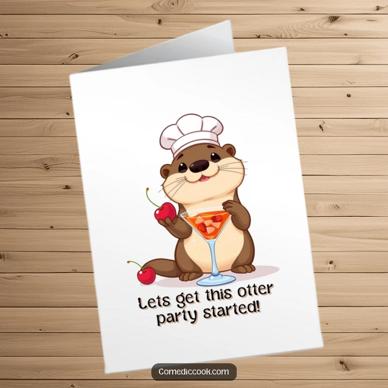 Funny free printable birthday card: A playful otter chef tosses a cherry into a cocktail glass, ready to celebrate.