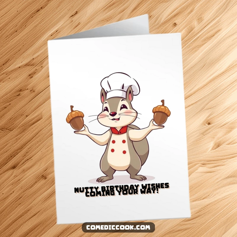 Funny Free Printable Birthday Card: Determined squirrel chef expertly juggling three shiny acorns, ready for a nutty celebration.