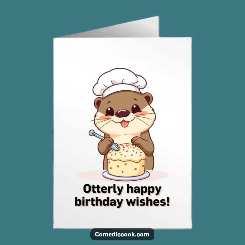 Free Printable Birthday Card: Happy Otter Chef Decorating Cake, Fun Downloadable Gift