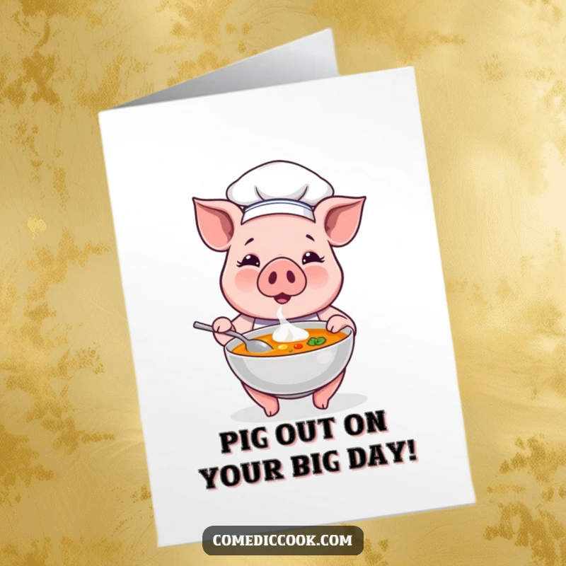 Funny Free Printable Birthday Card: A proud pig chef gleefully serves a steaming bowl of soup, ready to celebrate.