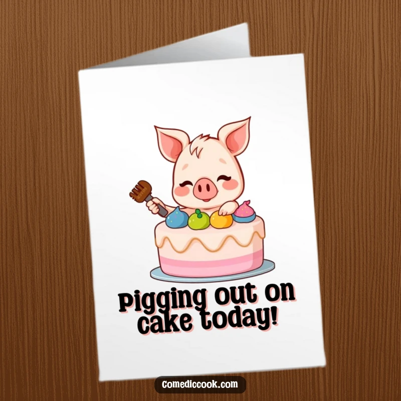 Funny Free Printable Birthday Card featuring a jolly piglet gleefully frosting a cake with vibrant colors, ready to celebrate.