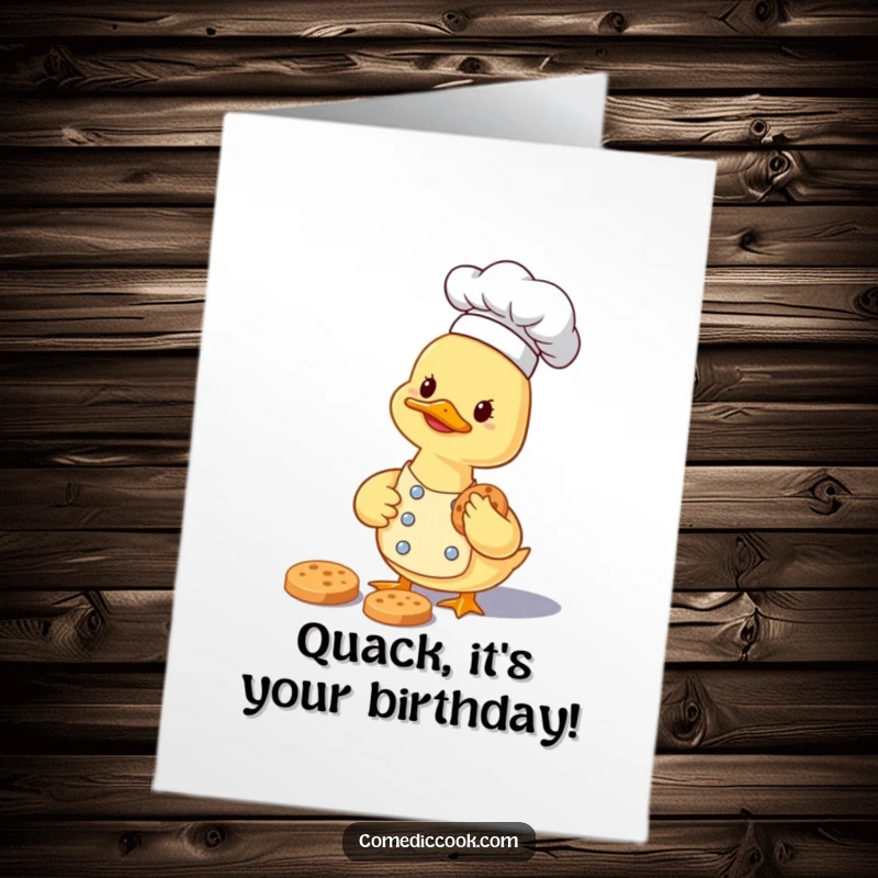 Funny Free Printable Birthday Card: A smiling duckling chef carefully collects a tiny cookie, wishing a sweet and happy birthday.