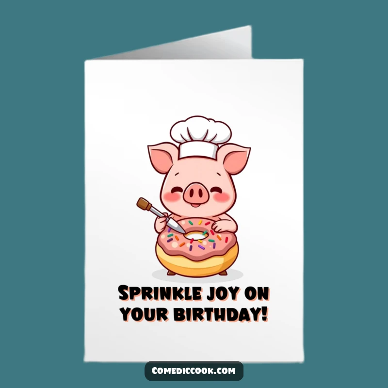 Free Printable Birthday Card: Funny Kawaii Pig Chef Donut Card, DIY Downloadable Gift