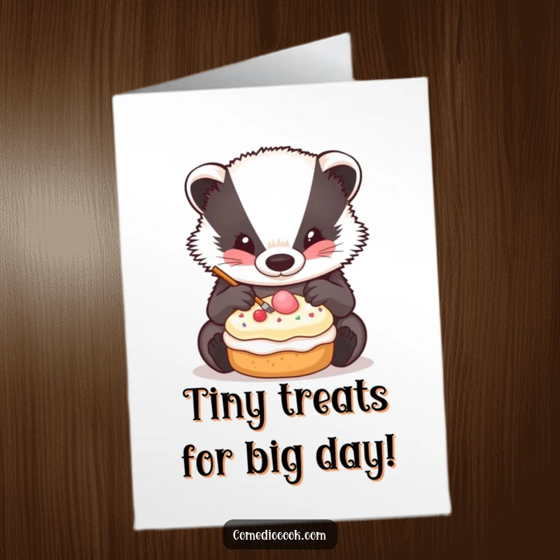 Funny Free Printable Birthday Card: Badger carefully decorating a miniature pastry, meticulous, baker, sweet treat, download.