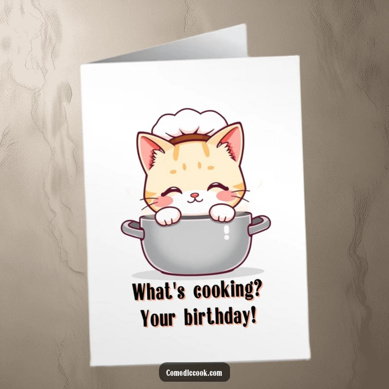 Funny Free Printable Birthday Card featuring a curious Kawaii cat chef peeking into a steaming pot, full of birthday surprises.