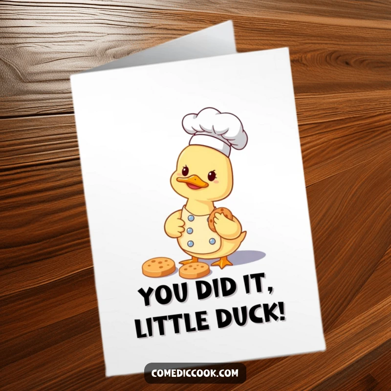 Funny Free Printable Congrats Card: A smiling duckling chef carefully secures a tiny cookie, celebrating accomplishments with a sweet reward.