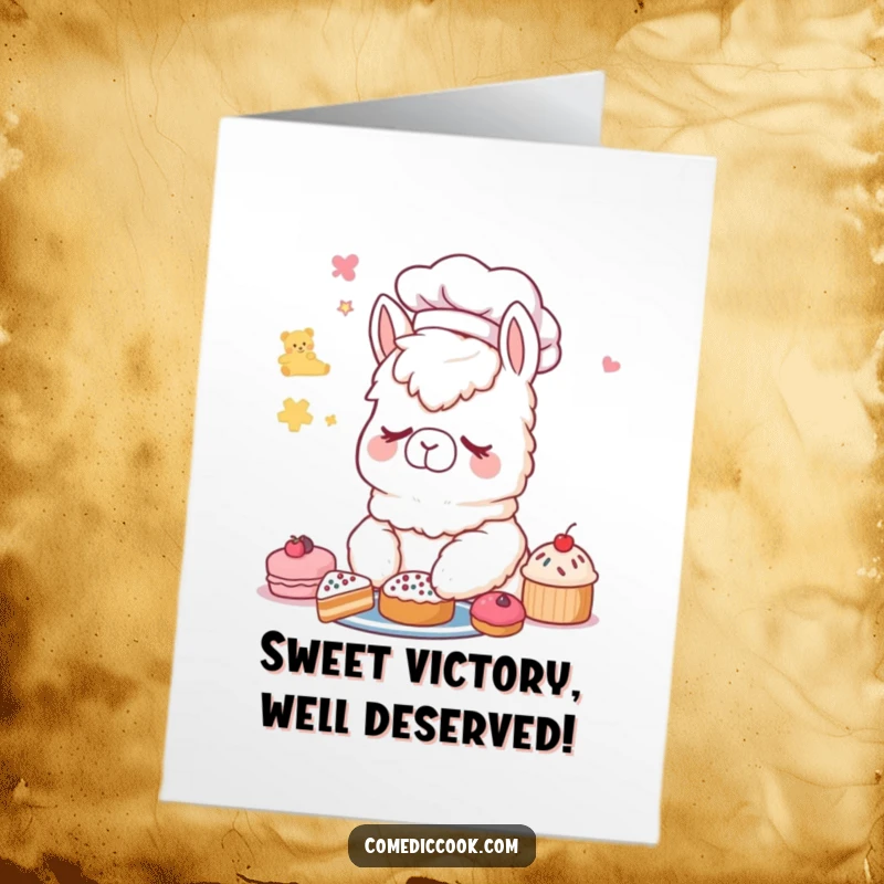 Funny Free Printable Alpaca Chef Congratulations Card: A sleeping alpaca chef dreaming of pastries, celebrating success.