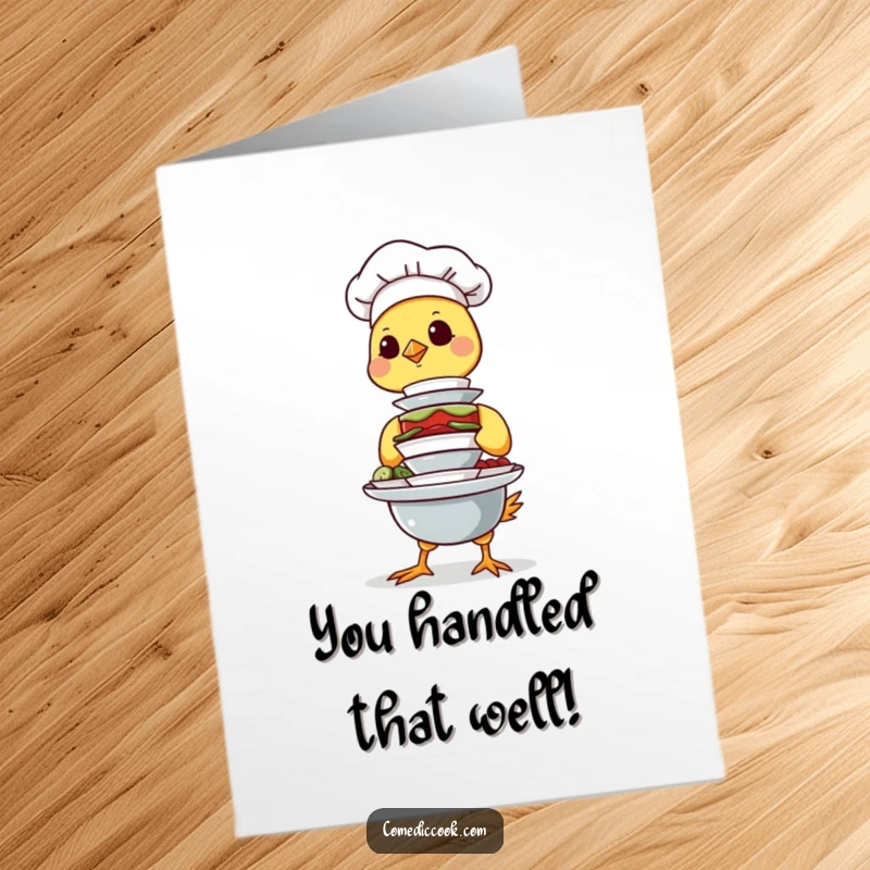 Funny Free Printable Congratulations Card: Determined chick chef impressively balancing tiny dishes, celebrating a great feat with precision.