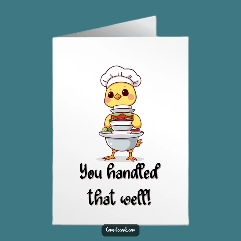 Free Printable Congrats Card: Chick Chef Balancing Dishes Funny Downloadable Gift