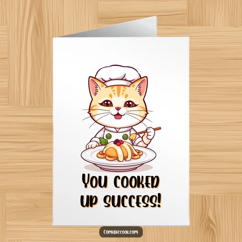 Funny Free Printable Congratulations Card: Cat chef serves a delicious plate, celebrating success, ready for home printing.