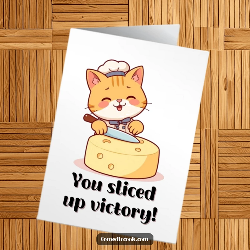 Funny Free Printable Congratulations Card: Happy cat chef humorously slicing a giant cheese wheel, celebrating success with a cheesy joke.
