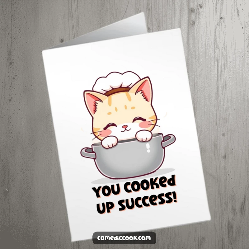 Funny Free Printable Congratulations Card showing a curious Kawaii cat chef investigating a steaming pot, perfect for celebrating achievements.