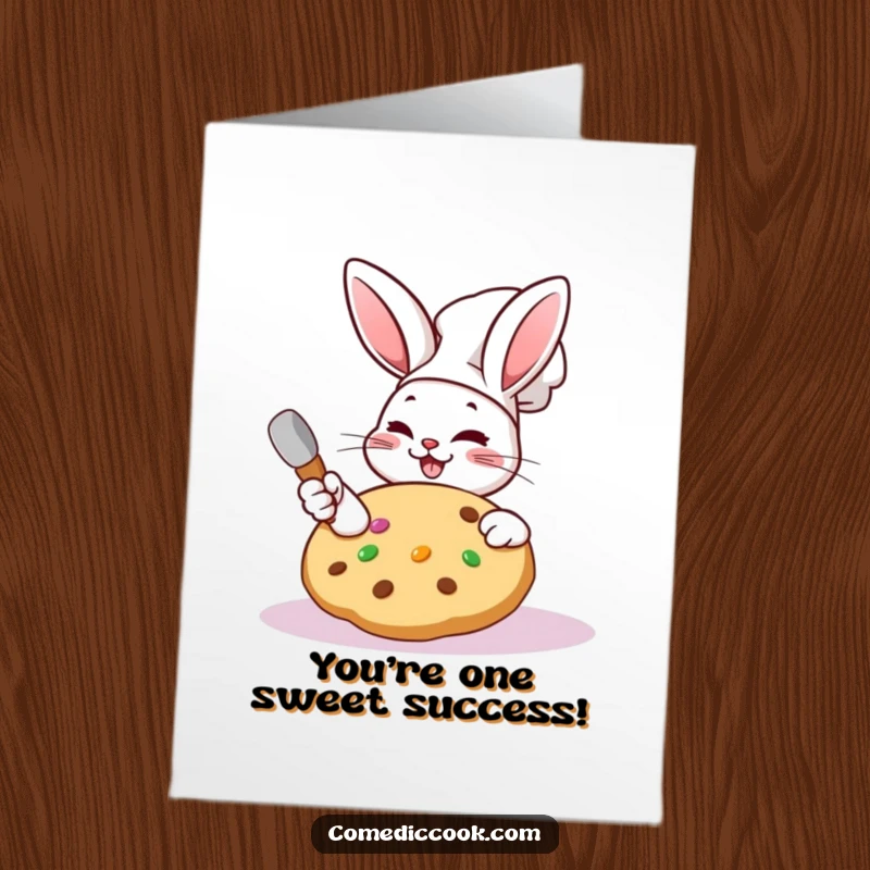 Funny Free Printable Congratulations Card: A happy Kawaii rabbit chef winks with a giant cookie.