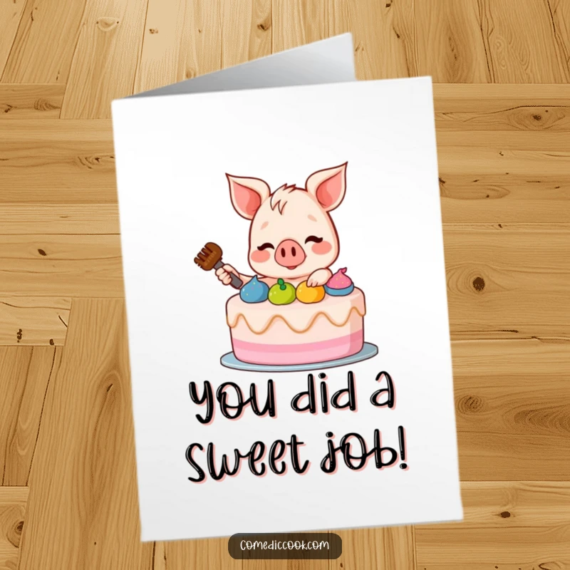 Funny Free Printable Congratulations Card: A jolly piglet proudly presents a beautifully frosted cake, celebrating a big win.