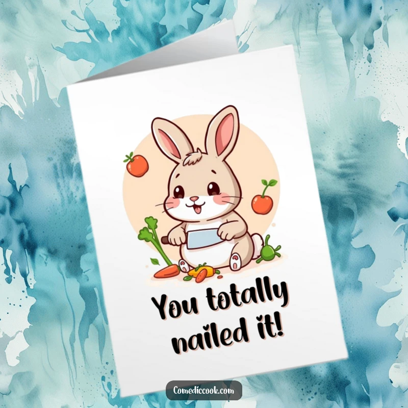 Funny Free Printable Congratulations Card: A happy rabbit expertly chops veggies with a tiny knife, celebrating an achievement.
