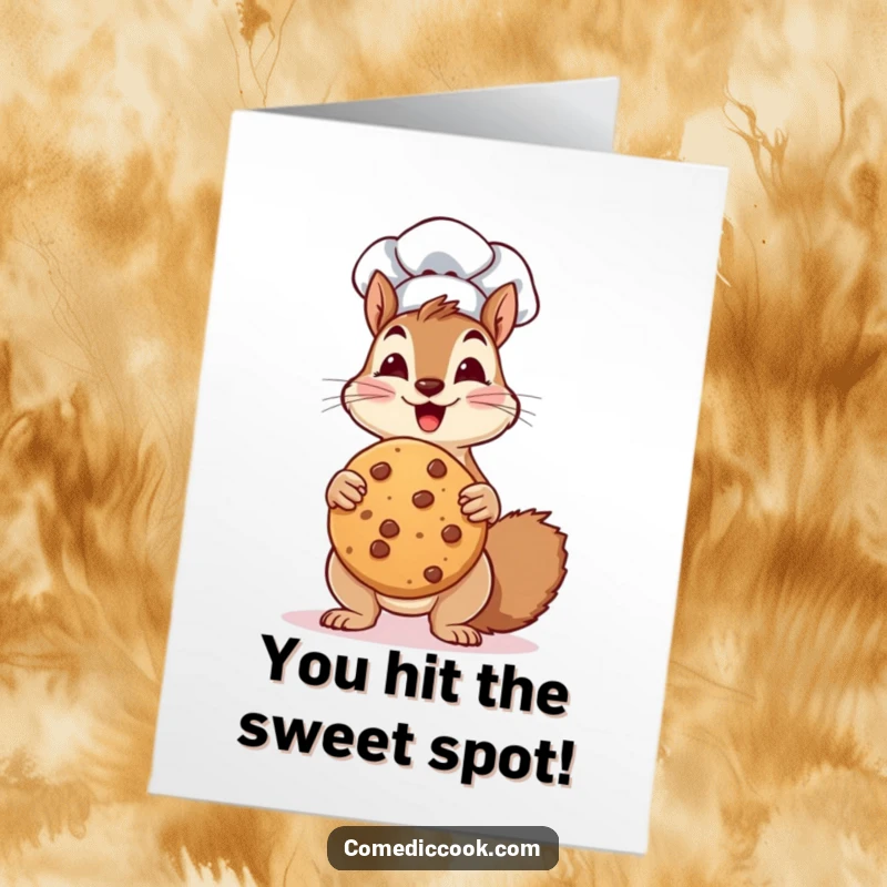 Funny Free Printable Congratulations Card: An excited squirrel chef proudly presents a huge cookie, celebrating a wonderful achievement.