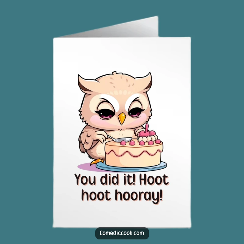 Free Printable Congrats Card: Wise Owl's Cake Success, Funny Downloadable Achievement Greeting