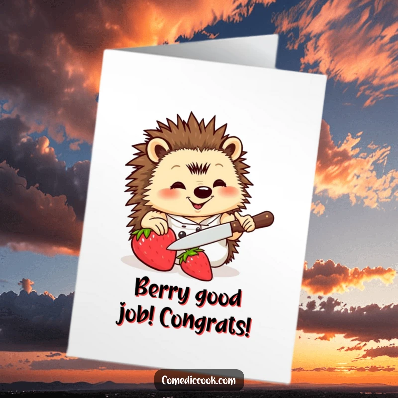 Funny Free Printable Congratulations Card: A happy hedgehog chef skillfully slicing a strawberry, perfect for celebrating any win.