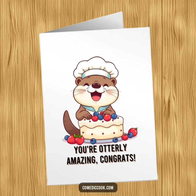 Funny Free Printable Congratulations Card: Smiling otter chef decorating a cake with berries to celebrate.