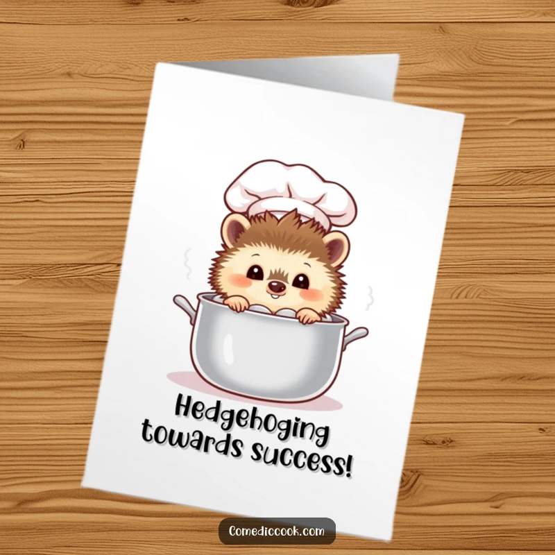 Funny Free Printable Congrats Card: A curious hedgehog chef peers into a steaming pot, discovering culinary success with excitement.
