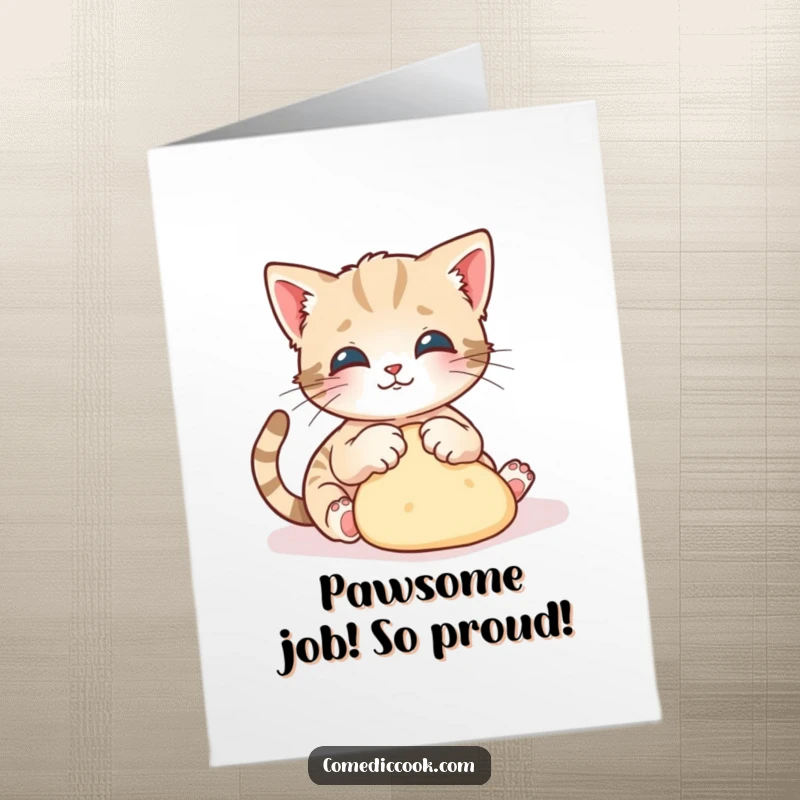 Funny Free Printable Congratulations Card: A playful kitten kneading dough with tiny paws, celebrating a successful venture.
