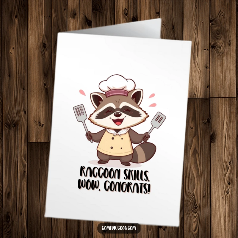 Funny Free Printable Congratulations Card: A happy raccoon chef with a sly grin juggles spatulas like a pro.