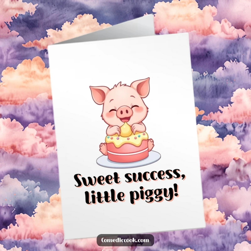 Funny Free Printable Congratulations Card: A piglet gleefully frosts a cake with a big smile, celebrating success.