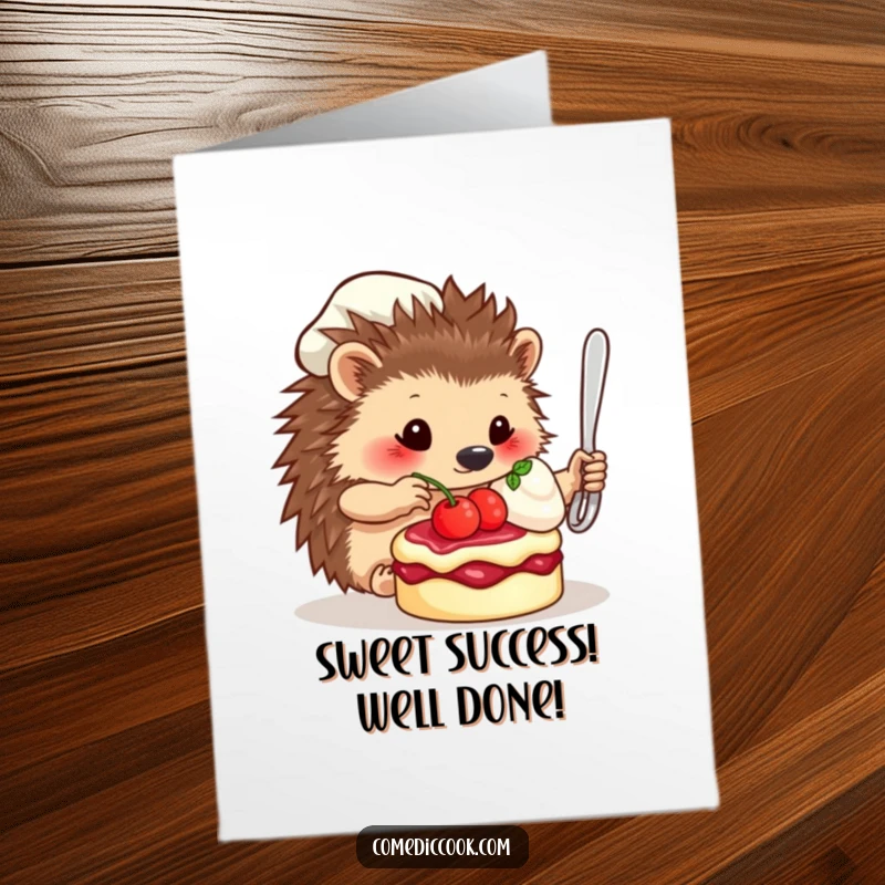 Funny Free Printable Congratulations Card: Hedgehog chef proudly presents a perfectly decorated dessert, celebrating success.