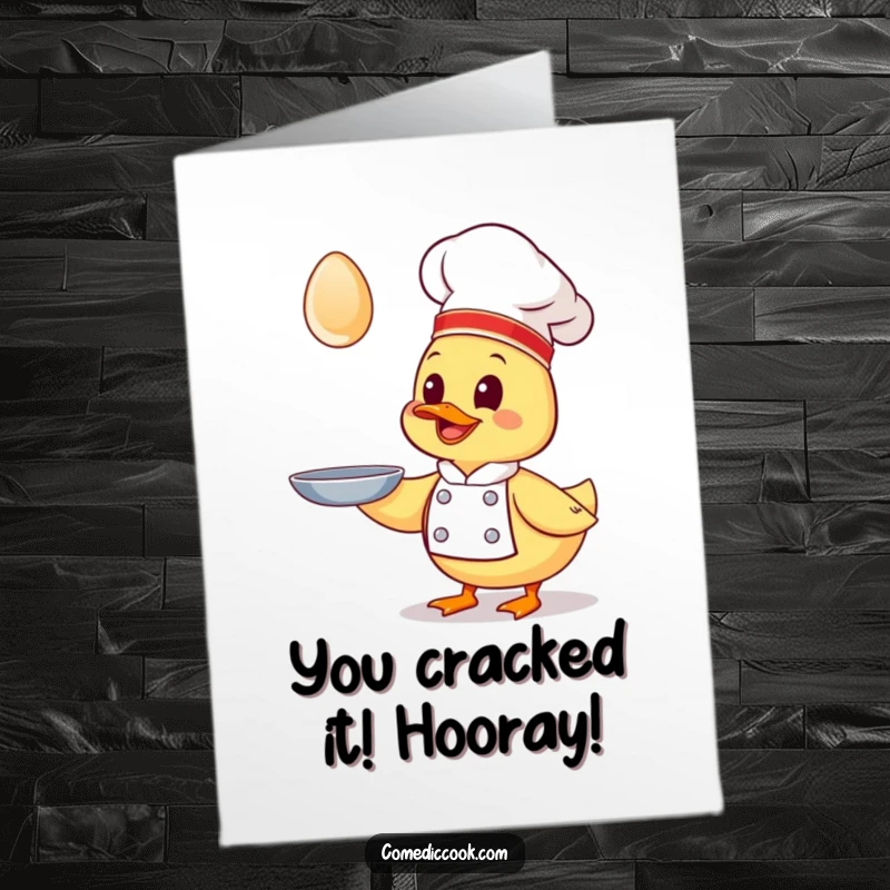 Funny Free Printable Kawaii Duck Chef Congratulations Card, joyfully chasing a flying egg, for a downloadable celebration.