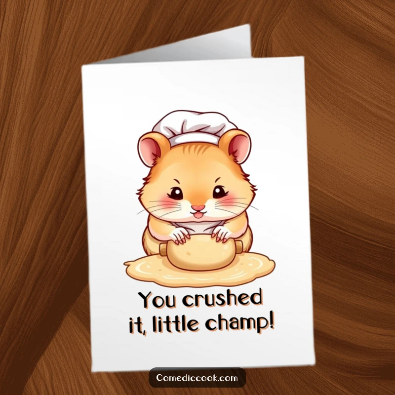 Funny Free Printable Congratulations Card: Hamster chef with intense focus expertly rolls dough, celebrating a successful venture.