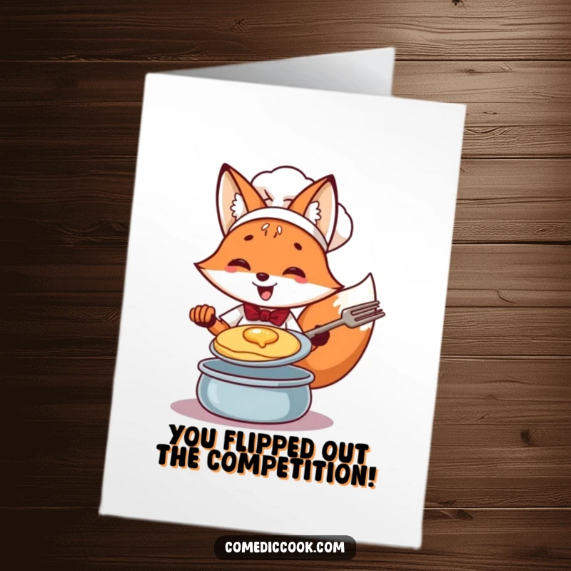 Funny Free Printable Congratulations Card: Cheerful fox chef flipping a pancake with a flourish of success.
