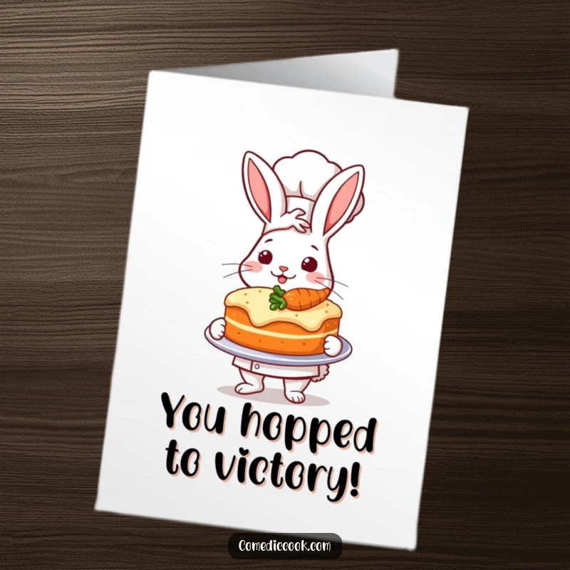 Funny Free Printable Congratulations Card: A rabbit chef proudly presents a carrot cake, celebrating success.