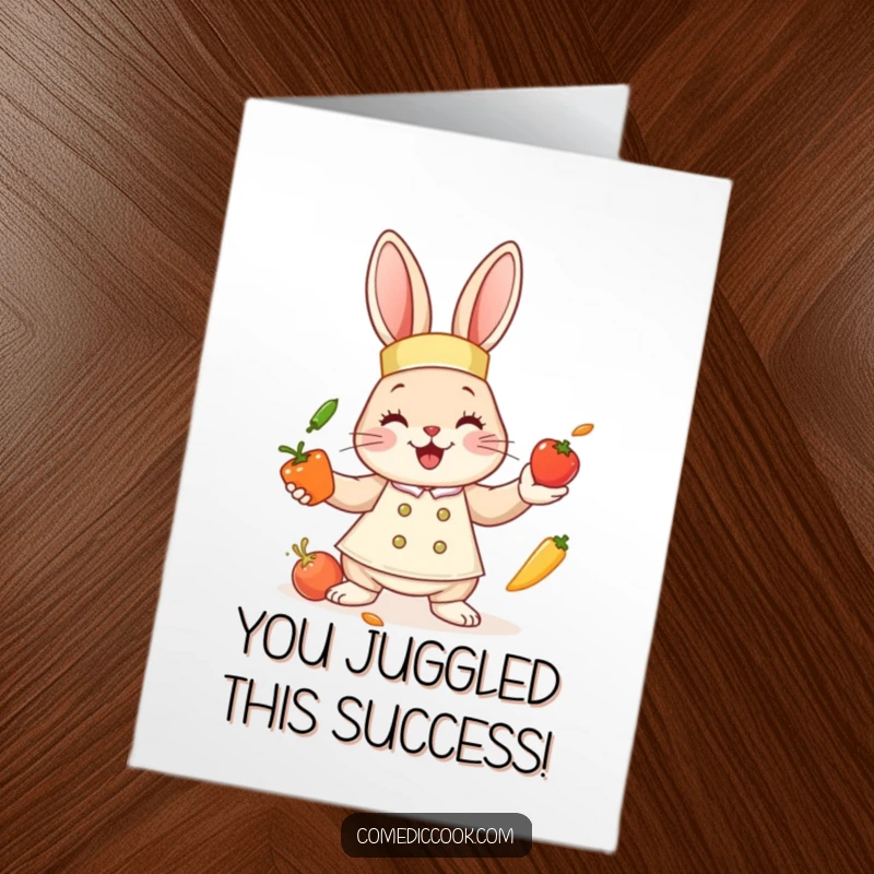 Funny Free Printable Congrats Card: Happy bunny chef skillfully juggling vegetables, celebrating wins with humor.
