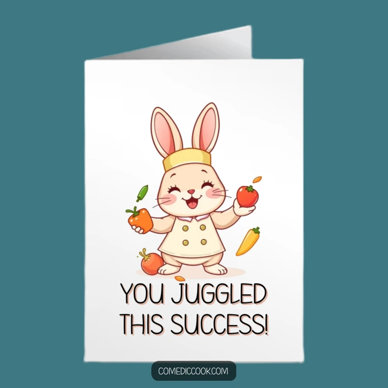 Free Printable Congrats Card: Bunny Chef Juggling Success, Downloadable Greeting for Celebrations