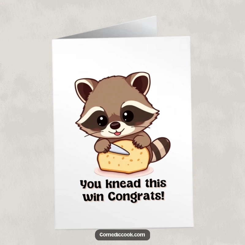 Funny Free Printable Congratulations Card: A beaming raccoon proudly presents a perfectly sliced loaf of bread, celebrating an accomplishment.