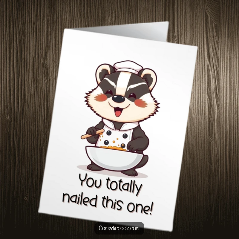 Funny Free Printable Congratulations Card: Badger chef adds a dramatic flourish while seasoning, celebrating a grand success.