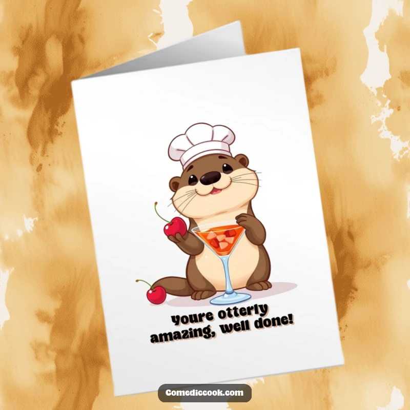 Funny free printable congratulations card: A playful otter chef tosses a cherry into a cocktail glass, toasting your success.