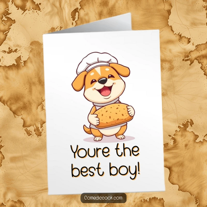 Funny free printable congratulations card: A joyful dog chef proudly presents a golden, freshly baked bread loaf, cheering you on.