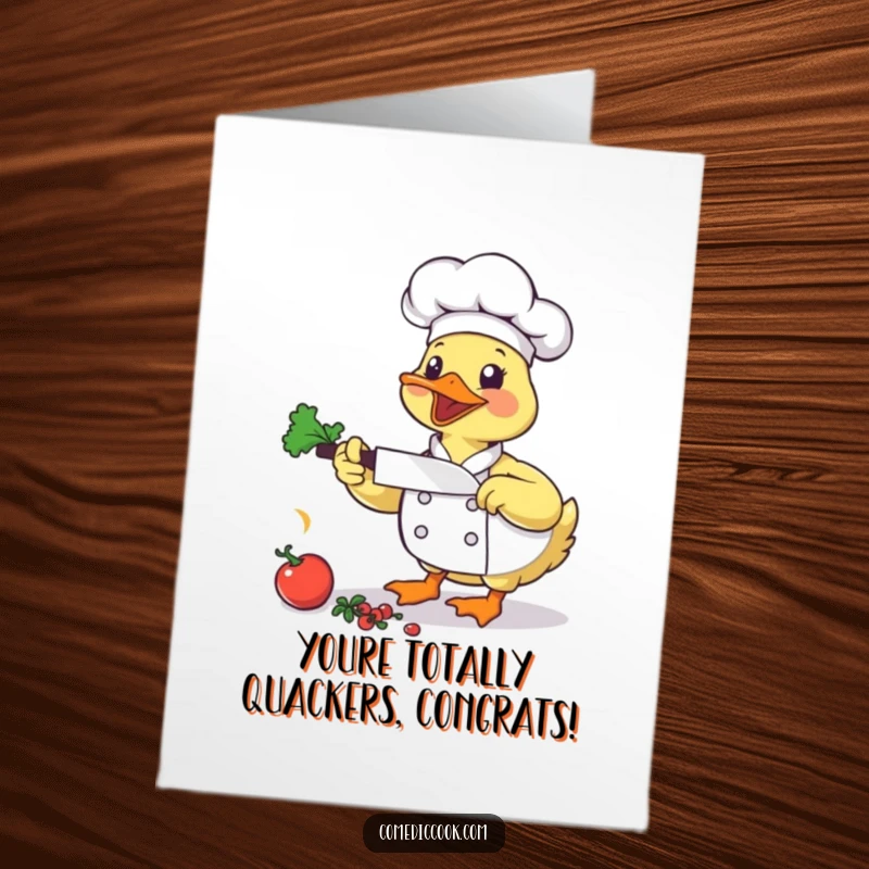 Funny free printable congratulations card: A bouncing duck chef enthusiastically chops vegetables with a small cleaver, cheering on your success.