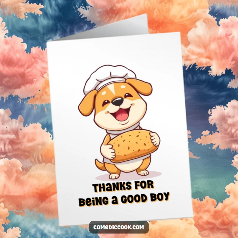 Funny free printable thank you card: A happy dog chef proudly shows off a delicious freshly baked bread loaf, saying thanks.