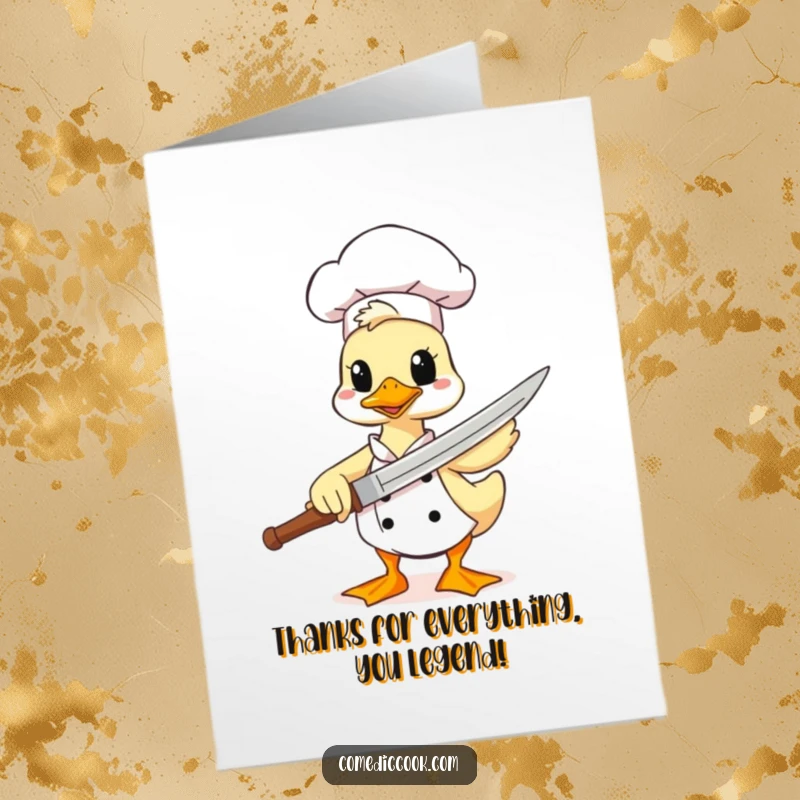 Funny Free Printable Thank You Card: Comical duck chef poses heroically with a spatula sword, expressing sincere thanks.
