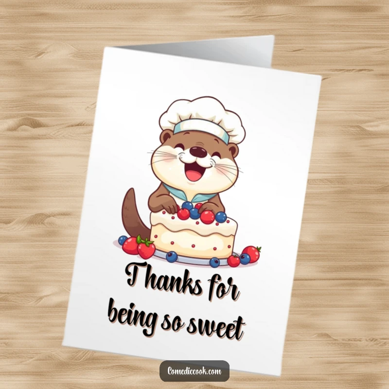 Funny Free Printable Thank You Card: Smiling otter chef happily decorating a cake with cheerful berries.