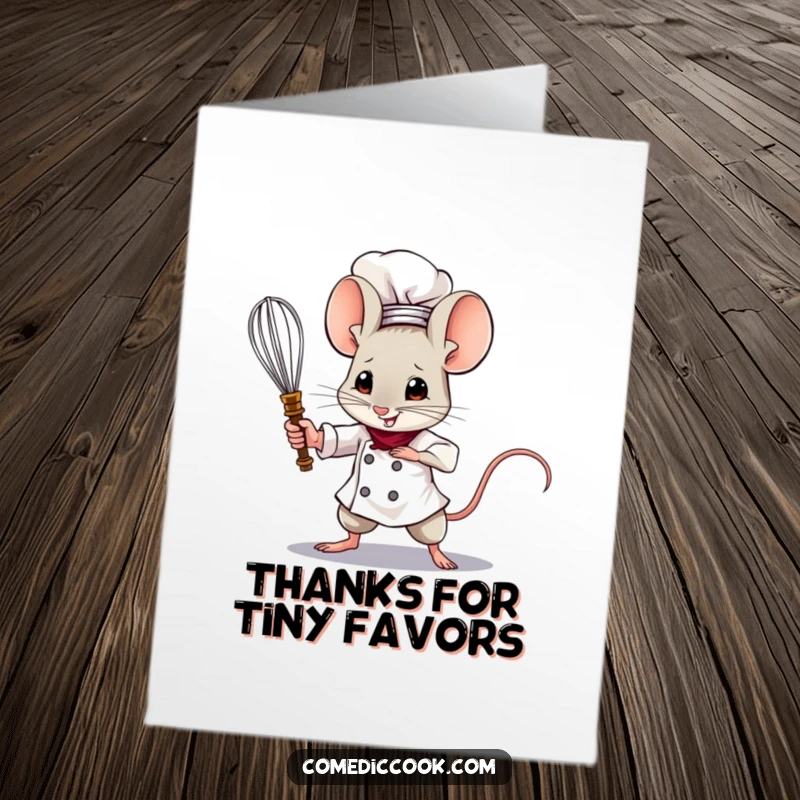 Funny Free Printable Thank You Card: Brave mouse chef sword-fighting with a tiny whisk, thanking them for their valiant support.
